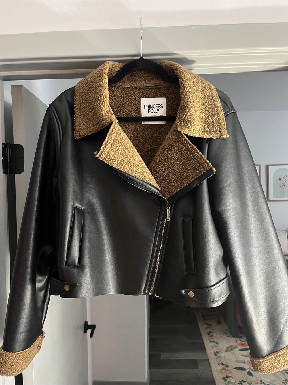 Princess Polly• Black Faux Leather Jacket with Tan Sherpa Lining